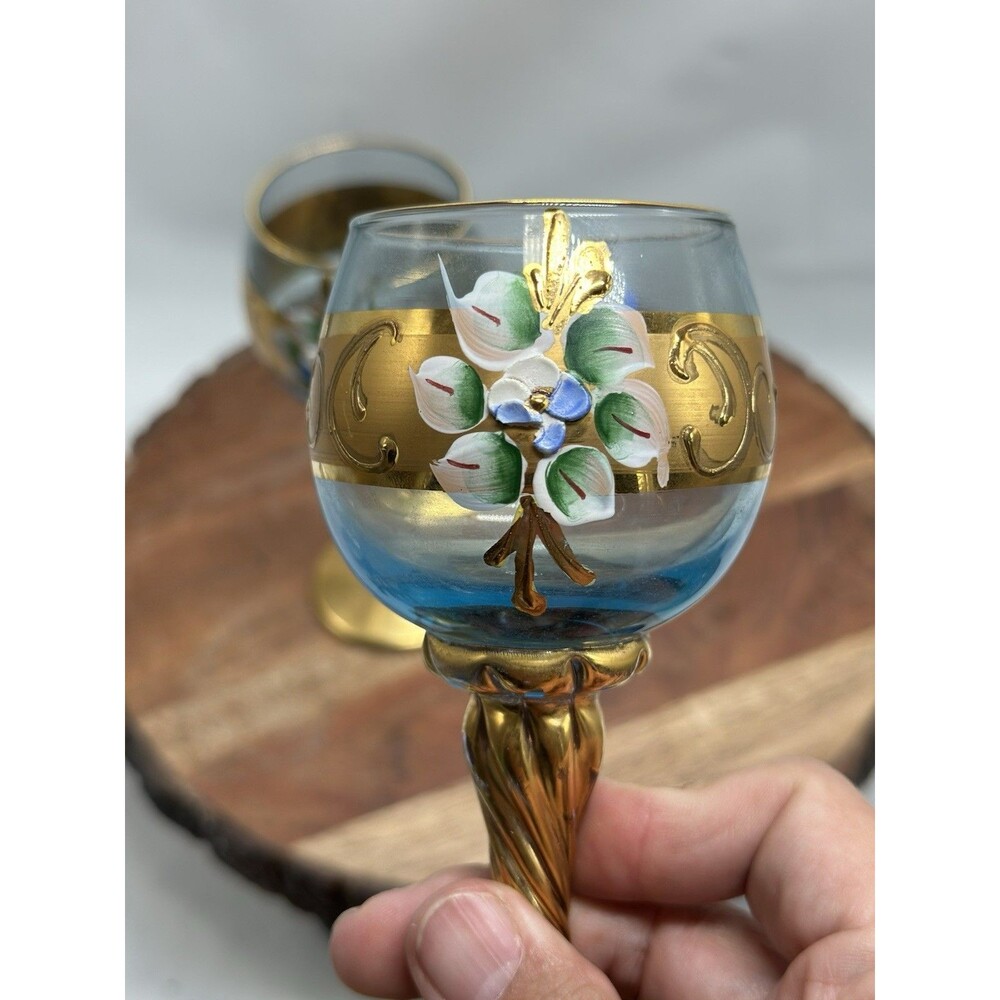 Bohemian Murano Painted Blue Glass Cordials / Wine Set Of 2